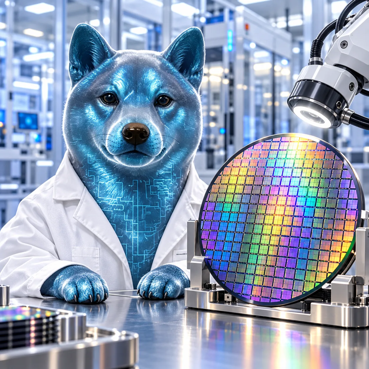 Silicon Inu in a chip factory beside an iridescent silicon wafer